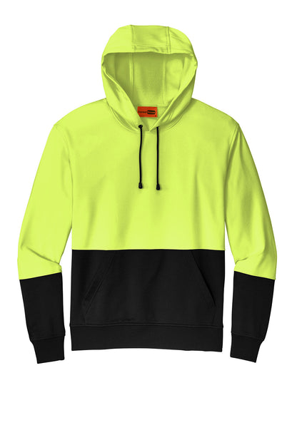 Neon yellow and black hoodie on a white background CornerStone® Enhanced Visibility Fleece Pullover Hoodie, Embroidered