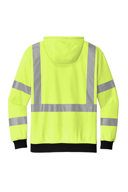High-visibility yellow hoodie with reflective stripes on a white background CornerStone® ANSI 107 Class 3 Heavy-Duty Fleece Full-Zip Hoodie, Embroidered