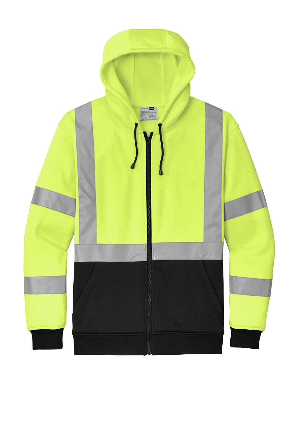 High-visibility yellow and black hoodie with reflective stripes on a white background CornerStone® ANSI 107 Class 3 Heavy-Duty Fleece Full-Zip Hoodie, Embroidered