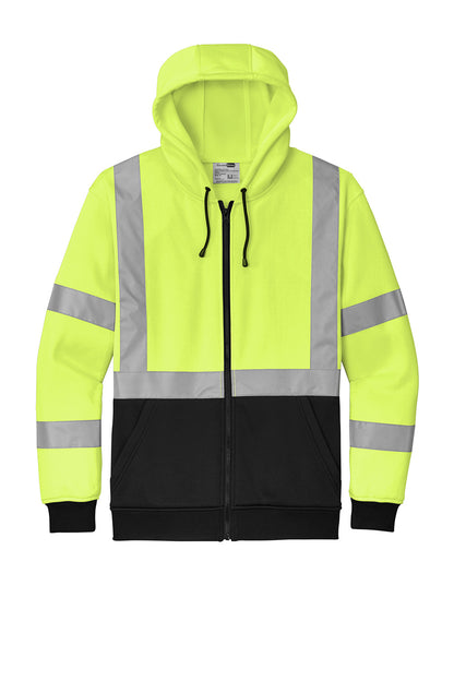 High-visibility yellow and black hoodie with reflective stripes on a white background CornerStone® ANSI 107 Class 3 Heavy-Duty Fleece Full-Zip Hoodie, Embroidered