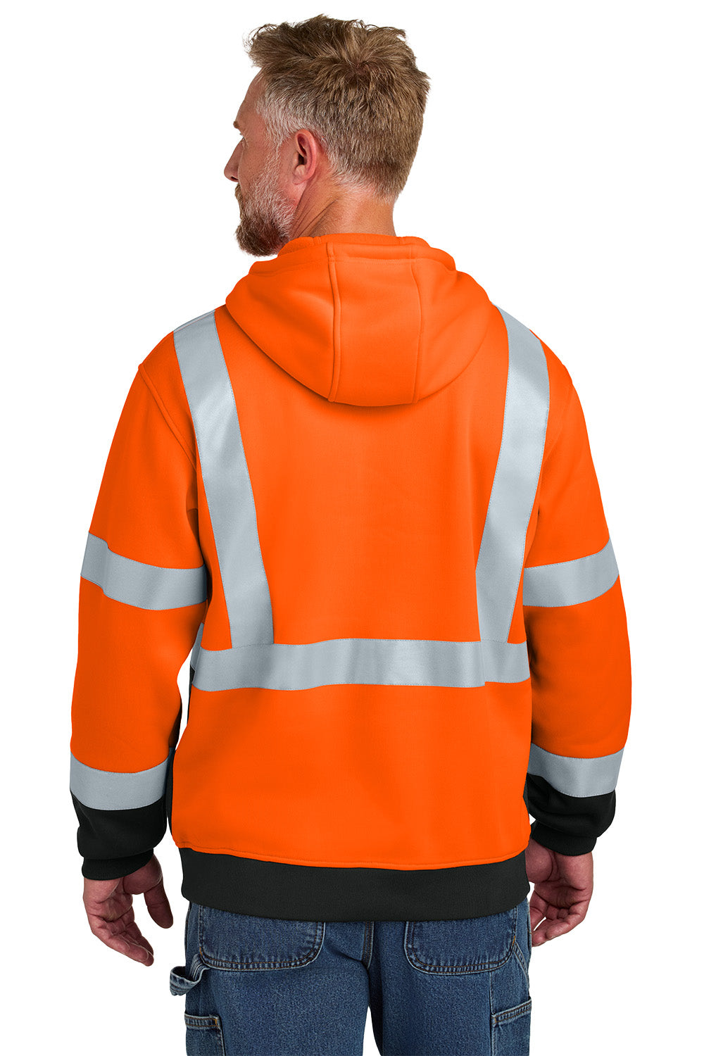 Person wearing an orange high-visibility jacket with reflective stripes on a white background CornerStone® ANSI 107 Class 3 Heavy-Duty Fleece Pullover Hoodie, ebroidered