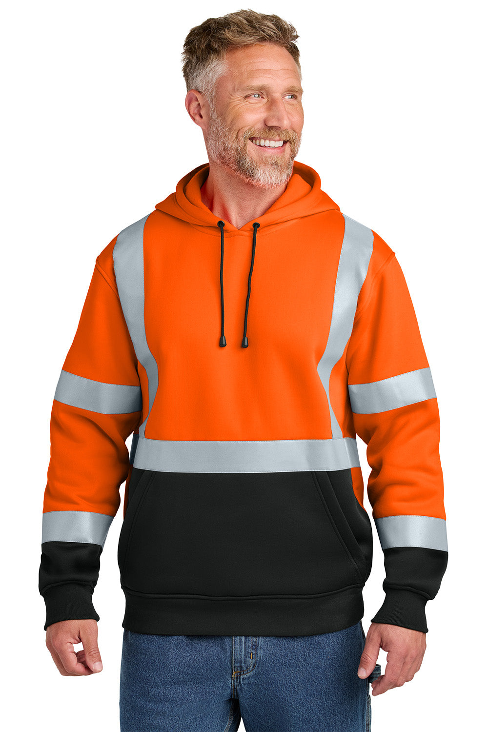 Man wearing an orange safety hoodie with reflective stripes on a white background CornerStone® ANSI 107 Class 3 Heavy-Duty Fleece Pullover Hoodie, ebroidered