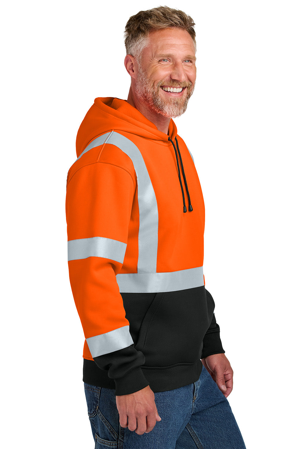 Man wearing an orange safety hoodie with reflective stripes on a white background CornerStone® ANSI 107 Class 3 Heavy-Duty Fleece Pullover Hoodie, ebroidered