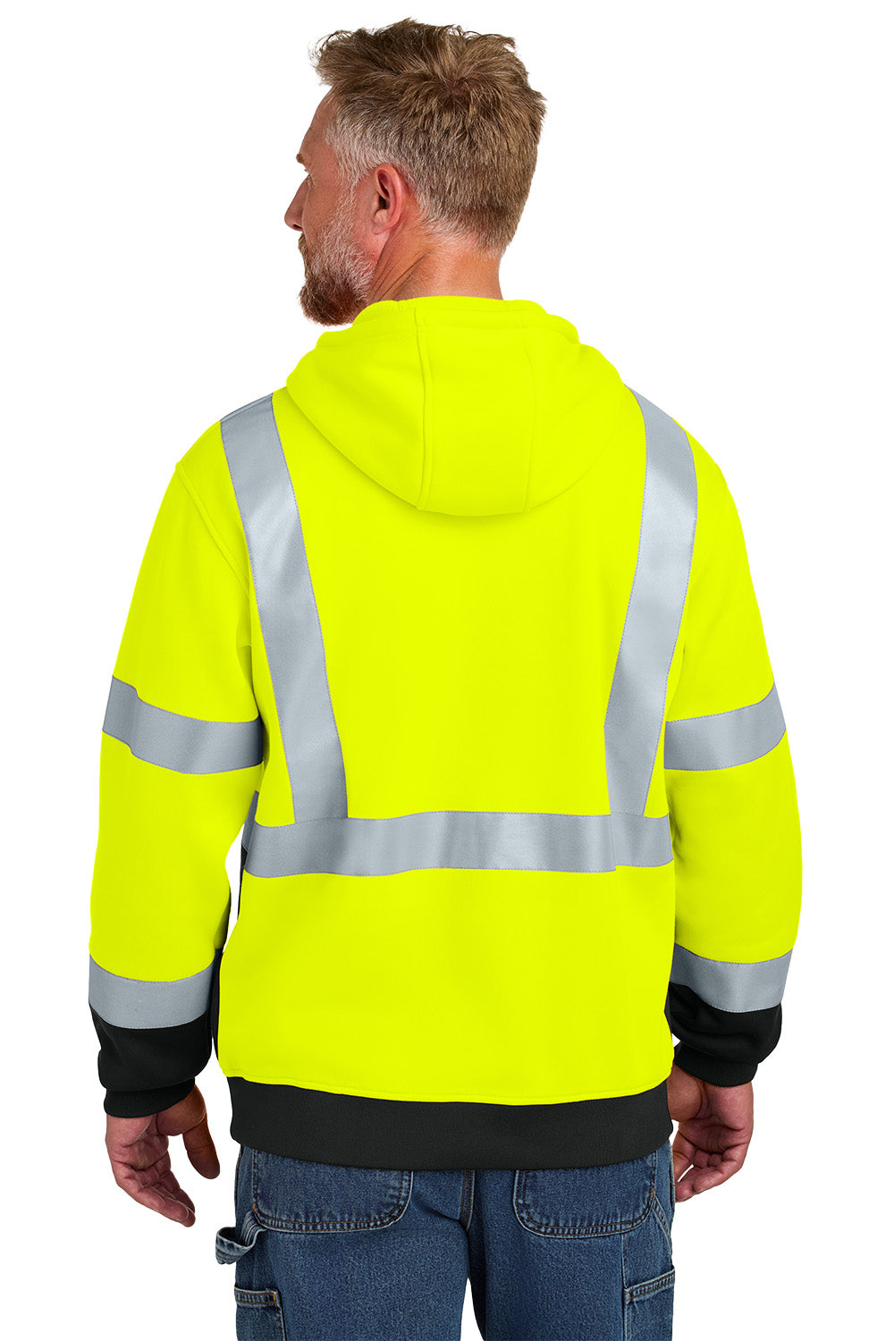 Person wearing a bright yellow safety jacket with reflective stripes on a white background CornerStone® ANSI 107 Class 3 Heavy-Duty Fleece Pullover Hoodie, ebroidered