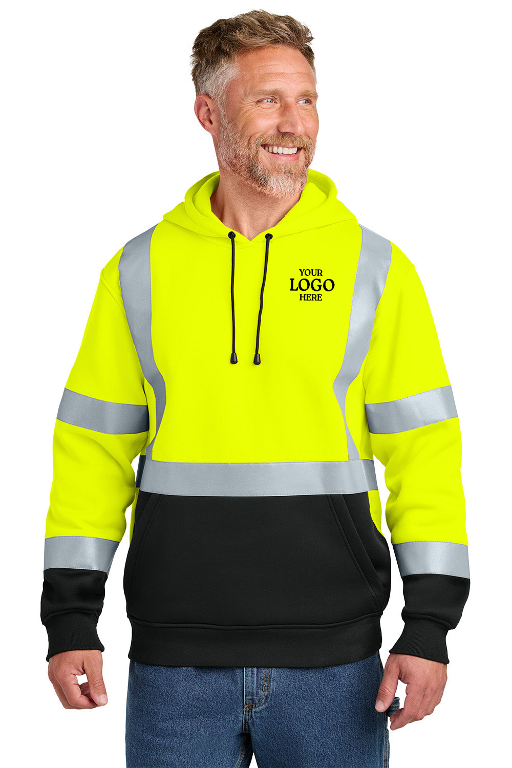 Man wearing a high-visibility safety hoodie with reflective stripes on a white background CornerStone® ANSI 107 Class 3 Heavy-Duty Fleece Pullover Hoodie, ebroidered