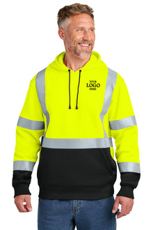 Man wearing a high-visibility safety hoodie with reflective stripes on a white background CornerStone® ANSI 107 Class 3 Heavy-Duty Fleece Pullover Hoodie, ebroidered