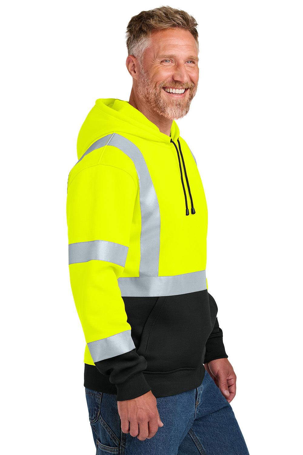 Man wearing a high-visibility safety hoodie with reflective stripes on a white background CornerStone® ANSI 107 Class 3 Heavy-Duty Fleece Pullover Hoodie, ebroidered
