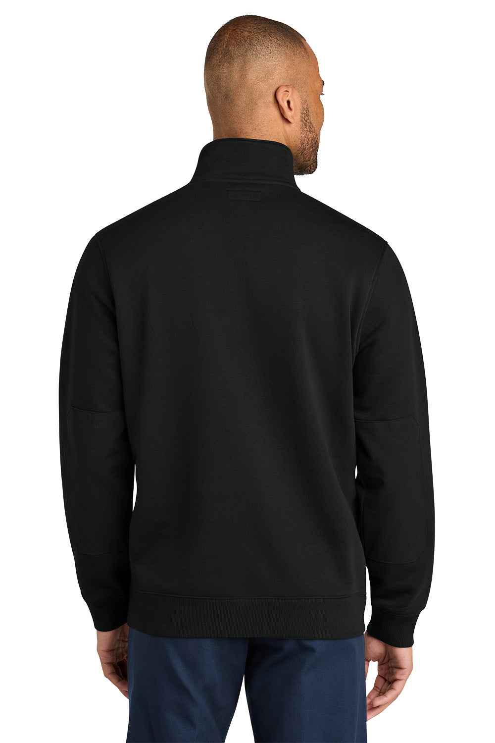 Man wearing a navy blue pullover with a zipper on a white background. CornerStone® 12-Oz. Tough Fleece Job Shirt, Embroidered