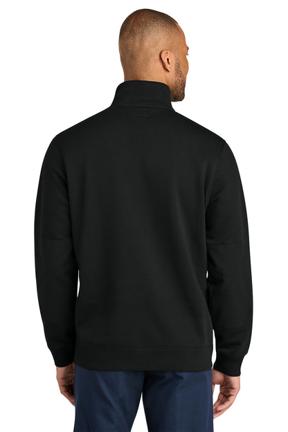 Man wearing a navy blue pullover with a zipper on a white background. CornerStone® 12-Oz. Tough Fleece Job Shirt, Embroidered