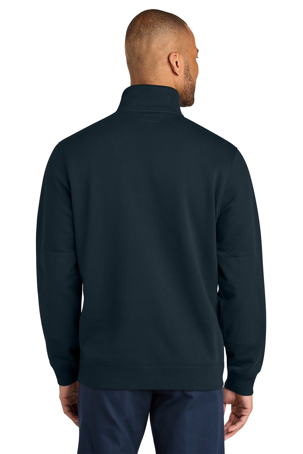 Man wearing a navy blue pullover with a zipper on a white background CornerStone® 12-Oz. Tough Fleece Job Shirt, Embroidered