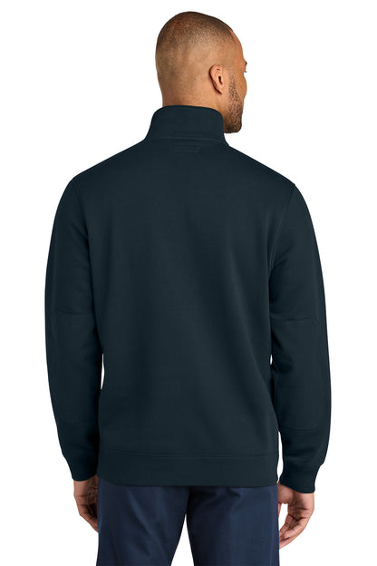 Man wearing a navy blue pullover with a zipper on a white background CornerStone® 12-Oz. Tough Fleece Job Shirt, Embroidered