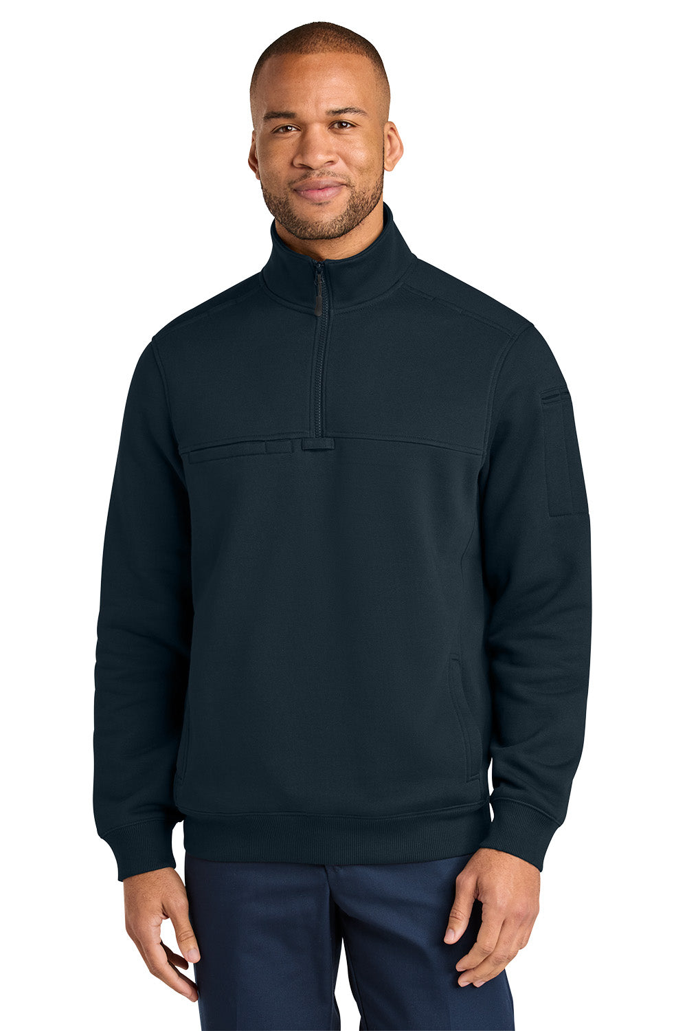 A man wearing a black quarter-zip pullover sweatshirt with a mock neck and a small black logo on the left sleeve, paired with navy blue pants, against a solid white background. CornerStone® 12-Oz. Tough Fleece Job Shirt, Embroidered
