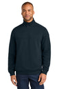 A man wearing a black quarter-zip pullover sweatshirt with a mock neck and a small black logo on the left sleeve, paired with navy blue pants, against a solid white background. CornerStone® 12-Oz. Tough Fleece Job Shirt, Embroidered