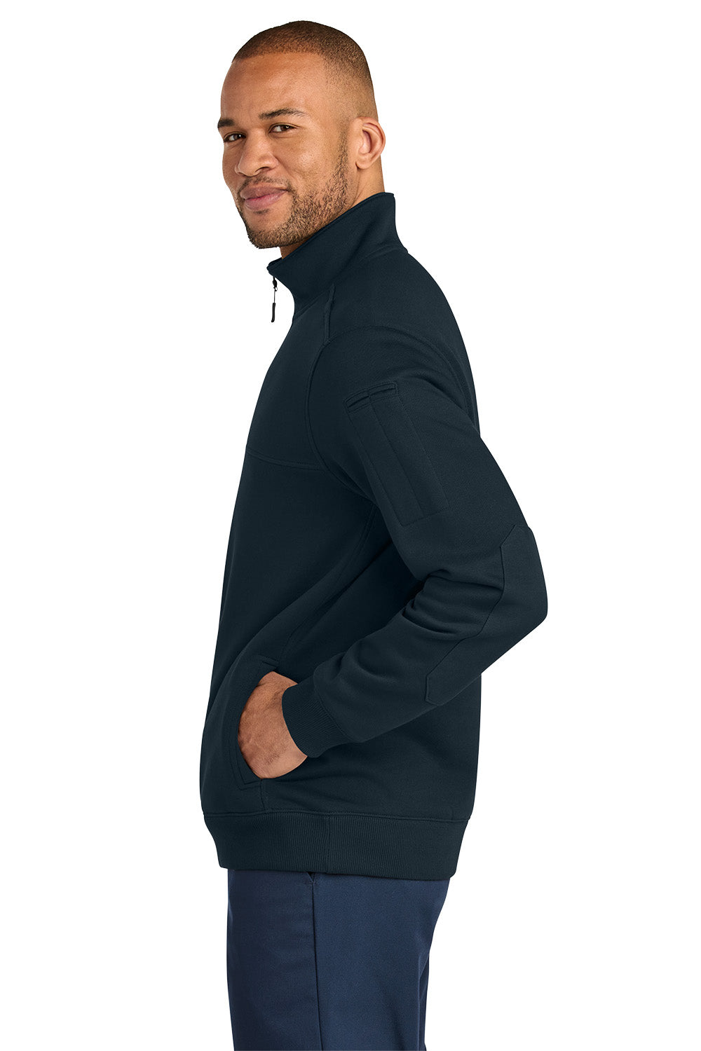 Man wearing a navy blue pullover with a white background CornerStone® 12-Oz. Tough Fleece Job Shirt, Embroidered