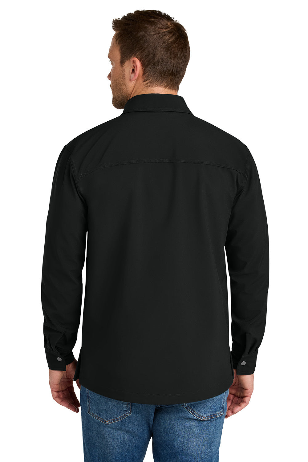 Man wearing a black shirt and blue jeans on a white background CornerStone® Soft Shell Shirt Jacket, Embroidered