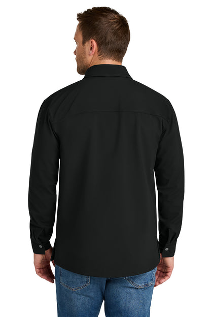 Man wearing a black shirt and blue jeans on a white background CornerStone® Soft Shell Shirt Jacket, Embroidered