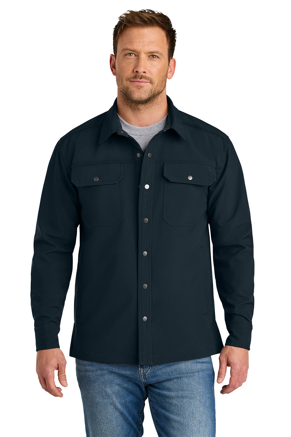 Man wearing a dark blue button-up shirt with a white background CornerStone® Soft Shell Shirt Jacket, Embroidered