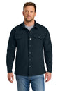 Man wearing a dark blue button-up shirt with a white background CornerStone® Soft Shell Shirt Jacket, Embroidered