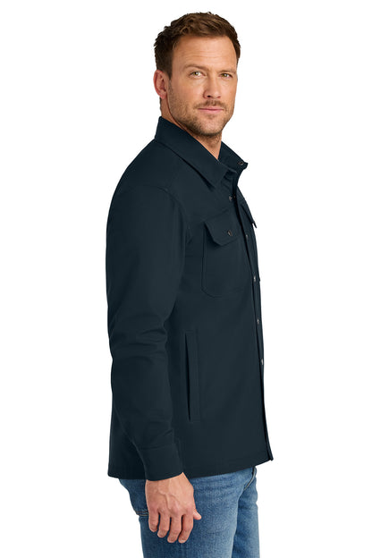 Man wearing a dark blue jacket on a white background CornerStone® Soft Shell Shirt Jacket, Embroidered