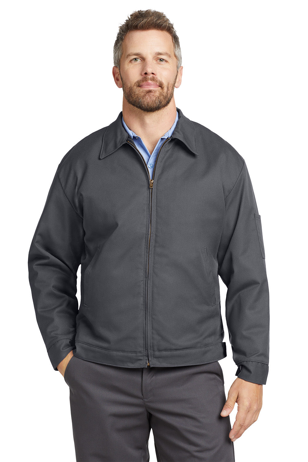 Man wearing a gray jacket on a white background Red Kap® Slash Pocket Jacket, Embroidered