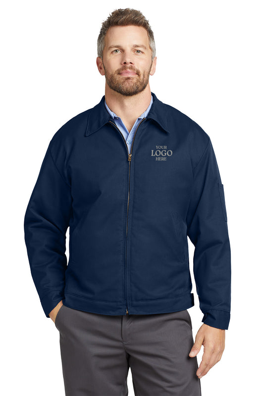 Man wearing a navy jacket with 'Your Logo Here' text on a white background Red Kap® Slash Pocket Jacket, Embroidered