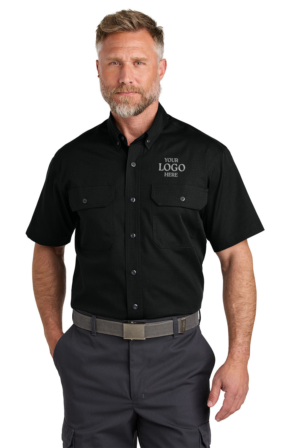Man wearing a black short-sleeve work shirt with customizable logo area on a white background emroidered CornerStone® Short Sleeve Select Ripstop Shirt