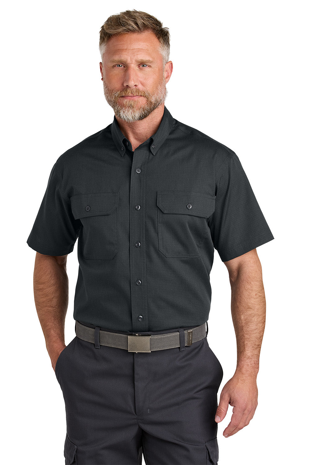 Man wearing a black short-sleeve shirt with two front pockets on a white background emroidered CornerStone® Short Sleeve Select Ripstop Shirt