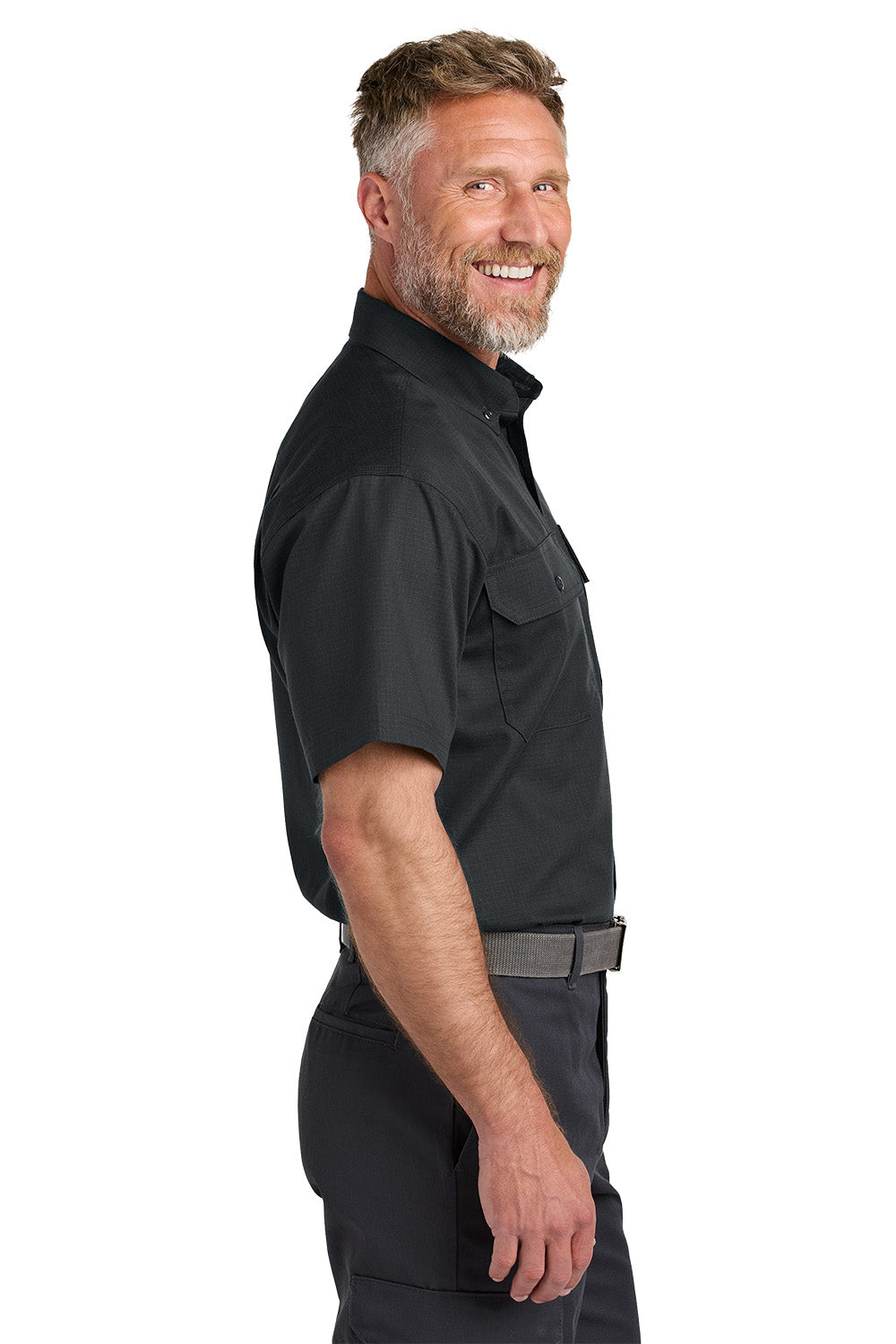 Man wearing a black short-sleeve shirt on a white background emroidered CornerStone® Short Sleeve Select Ripstop Shirt