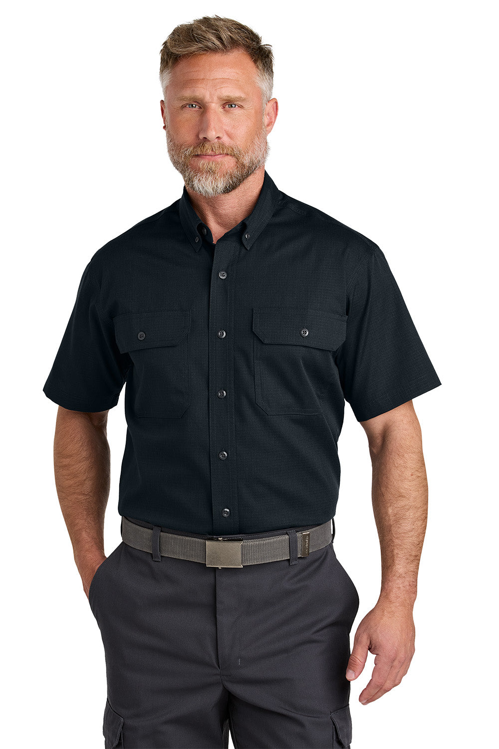 Man wearing a black short-sleeve shirt and dark pants on a white background emroidered CornerStone® Short Sleeve Select Ripstop Shirt