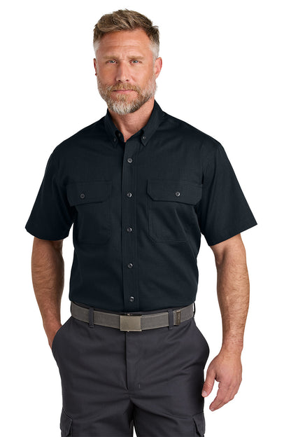 Man wearing a black short-sleeve shirt and dark pants on a white background emroidered CornerStone® Short Sleeve Select Ripstop Shirt