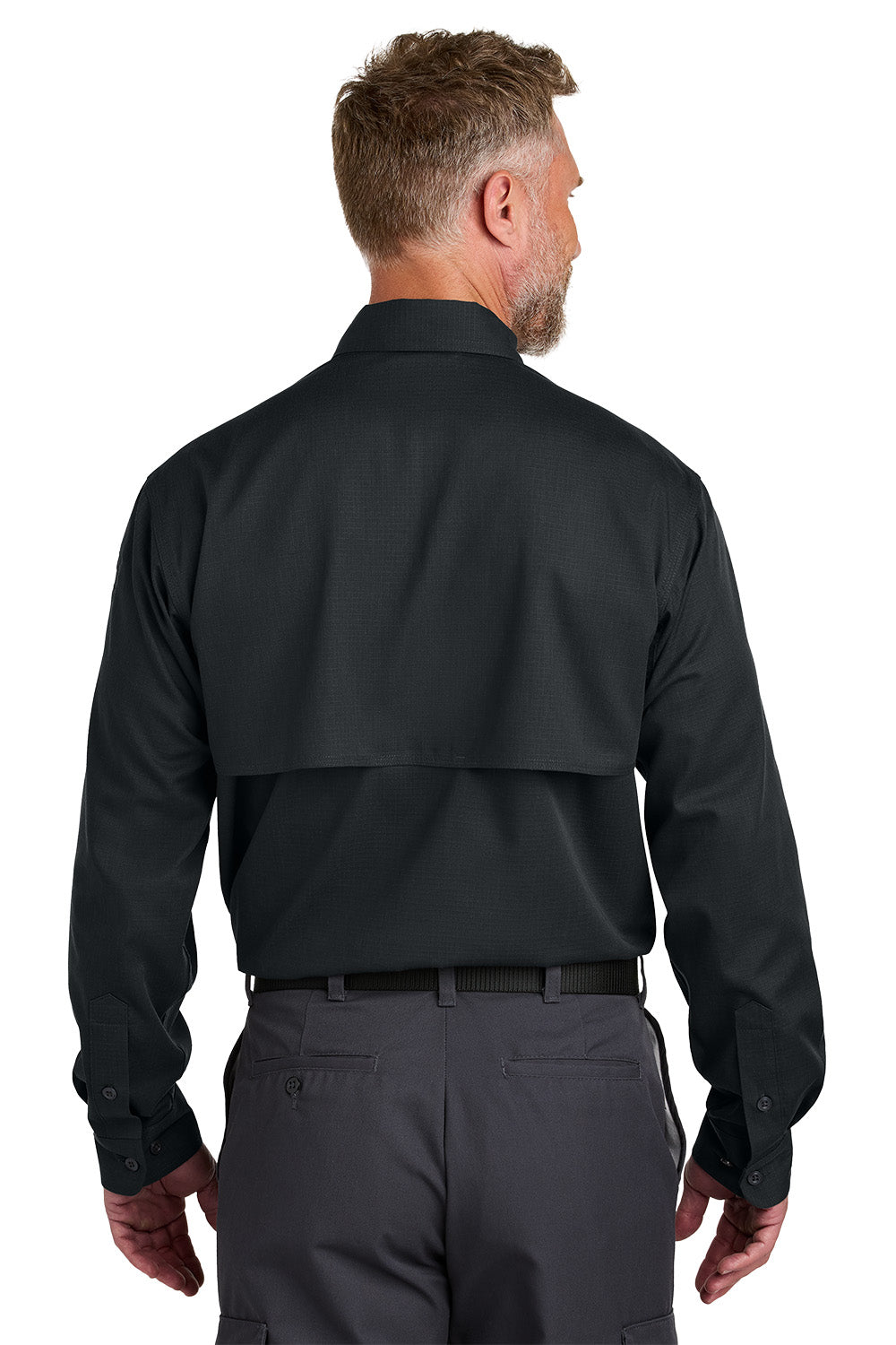Man wearing a black shirt and gray pants on a white background embroidered CornerStone® Long Sleeve Select Tactical Shirt