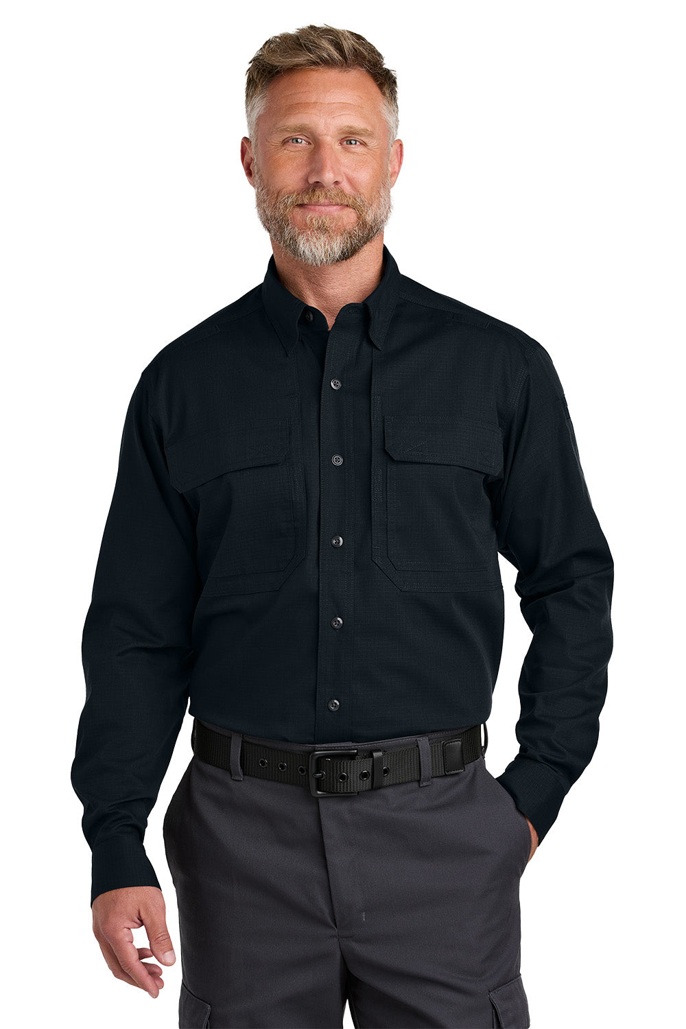 Man wearing a black shirt and gray pants on a white background embroidered CornerStone® Long Sleeve Select Tactical Shirt