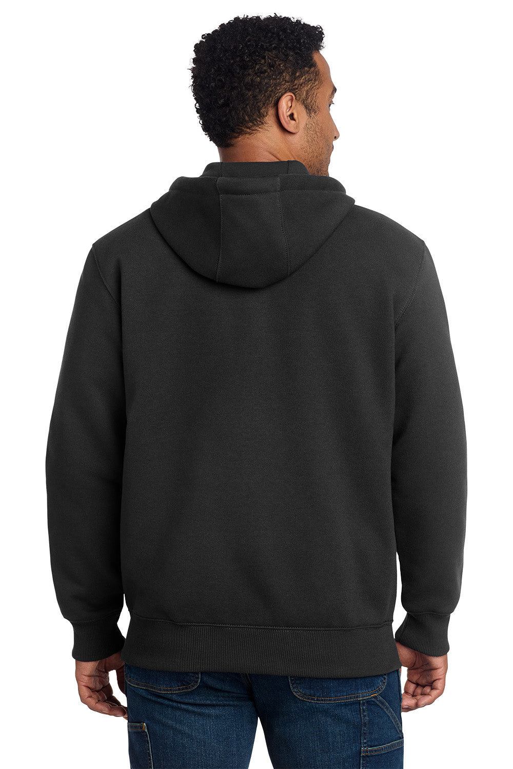 Person wearing a black hoodie from behind on a white background, embroidered Carhartt® Rain Defender® Paxton Heavyweight Hooded Zip-Front Sweatshirt
