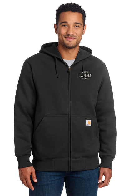 Man wearing a black Carhartt hoodie with a logo on a white background, embroidered Carhartt® Rain Defender® Paxton Heavyweight Hooded Zip-Front Sweatshirt