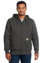 Man wearing a gray hoodie with a visible brand logo on a white background, embroidered Carhartt® Rain Defender® Paxton Heavyweight Hooded Zip-Front Sweatshirt