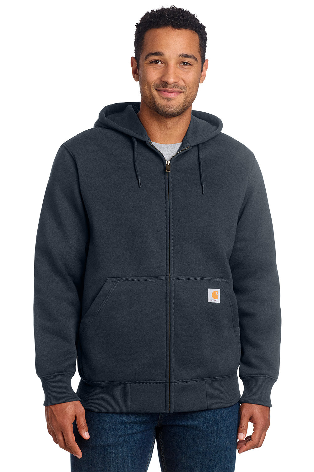 Man wearing a dark gray hoodie with a visible brand logo on a white background, embroidered Carhartt® Rain Defender® Paxton Heavyweight Hooded Zip-Front Sweatshirt