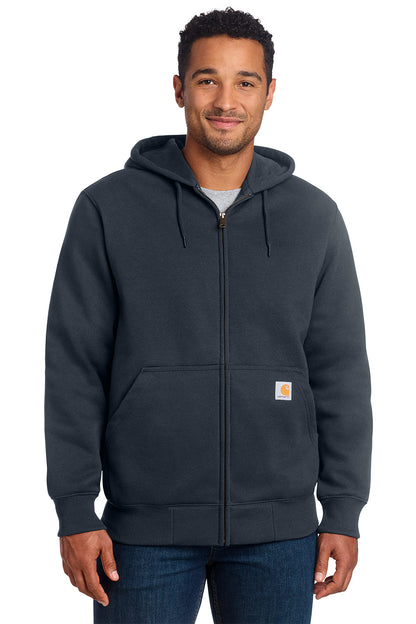 Man wearing a dark gray hoodie with a visible brand logo on a white background, embroidered Carhartt® Rain Defender® Paxton Heavyweight Hooded Zip-Front Sweatshirt