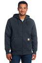 Man wearing a dark gray hoodie with a visible brand logo on a white background, embroidered Carhartt® Rain Defender® Paxton Heavyweight Hooded Zip-Front Sweatshirt