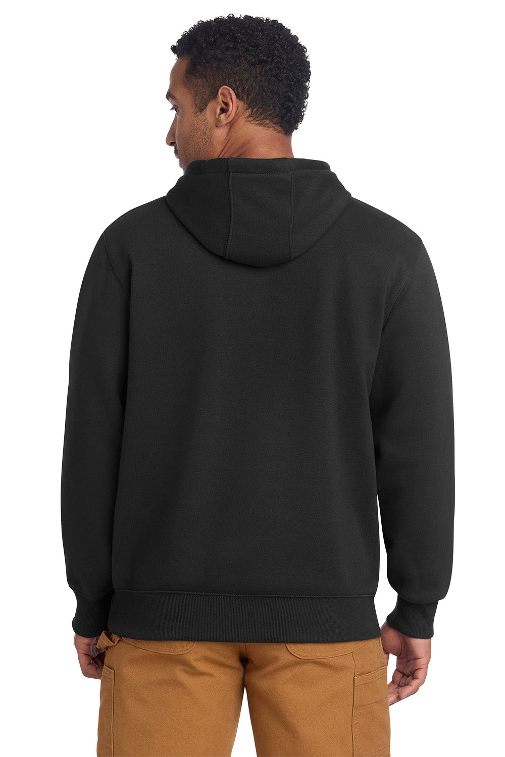 Person wearing a black hoodie from behind on a white background, Embroidered Carhartt® Rain Defender® Paxton Heavyweight Hooded Sweatshirt