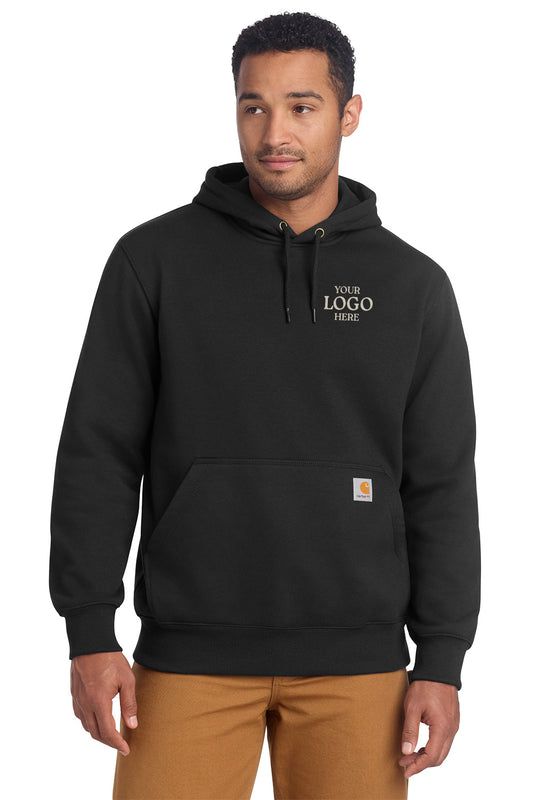 Black hoodie with customizable logo on a white background, Embroidered Carhartt® Rain Defender® Paxton Heavyweight Hooded Sweatshirt