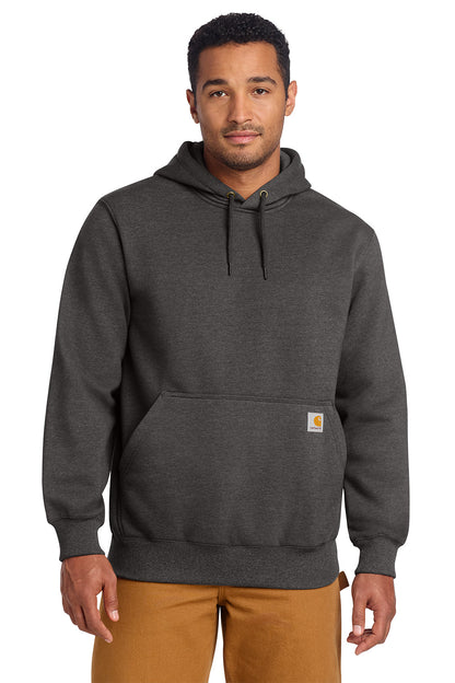Man wearing a dark gray hoodie with a visible brand logo on a white background, Embroidered Carhartt® Rain Defender® Paxton Heavyweight Hooded Sweatshirt