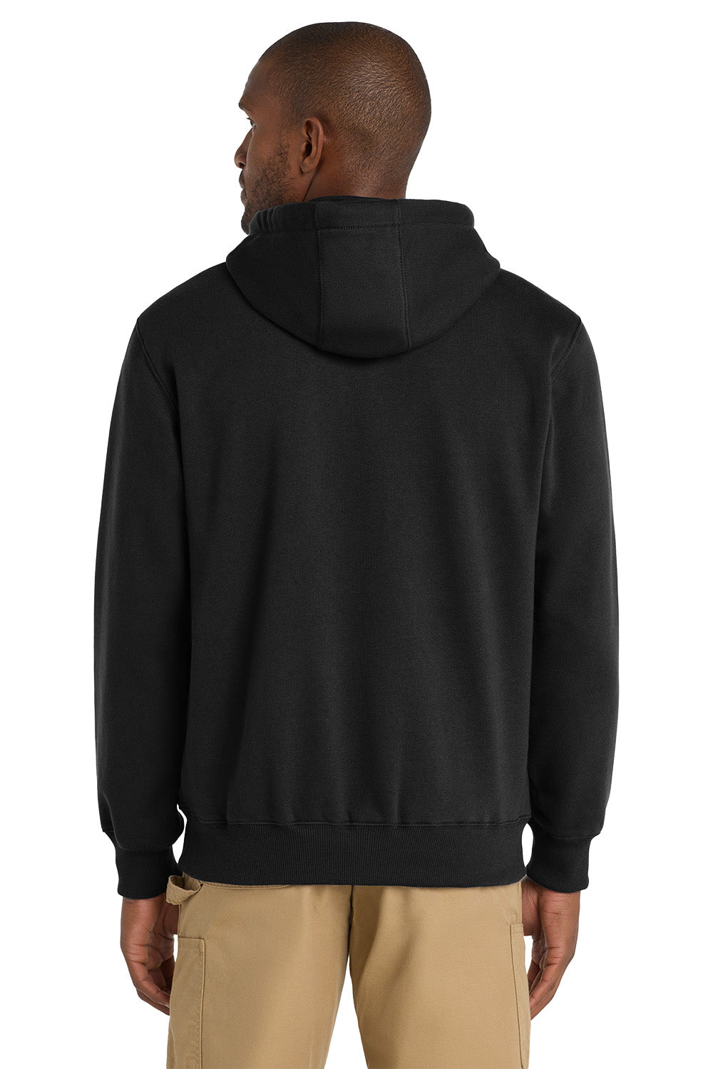Person wearing a black hoodie from behind on a white background, Embroidered Carhartt® Rain Defender® Paxton Heavyweight Hooded 1/4-Zip Mock Sweatshirt