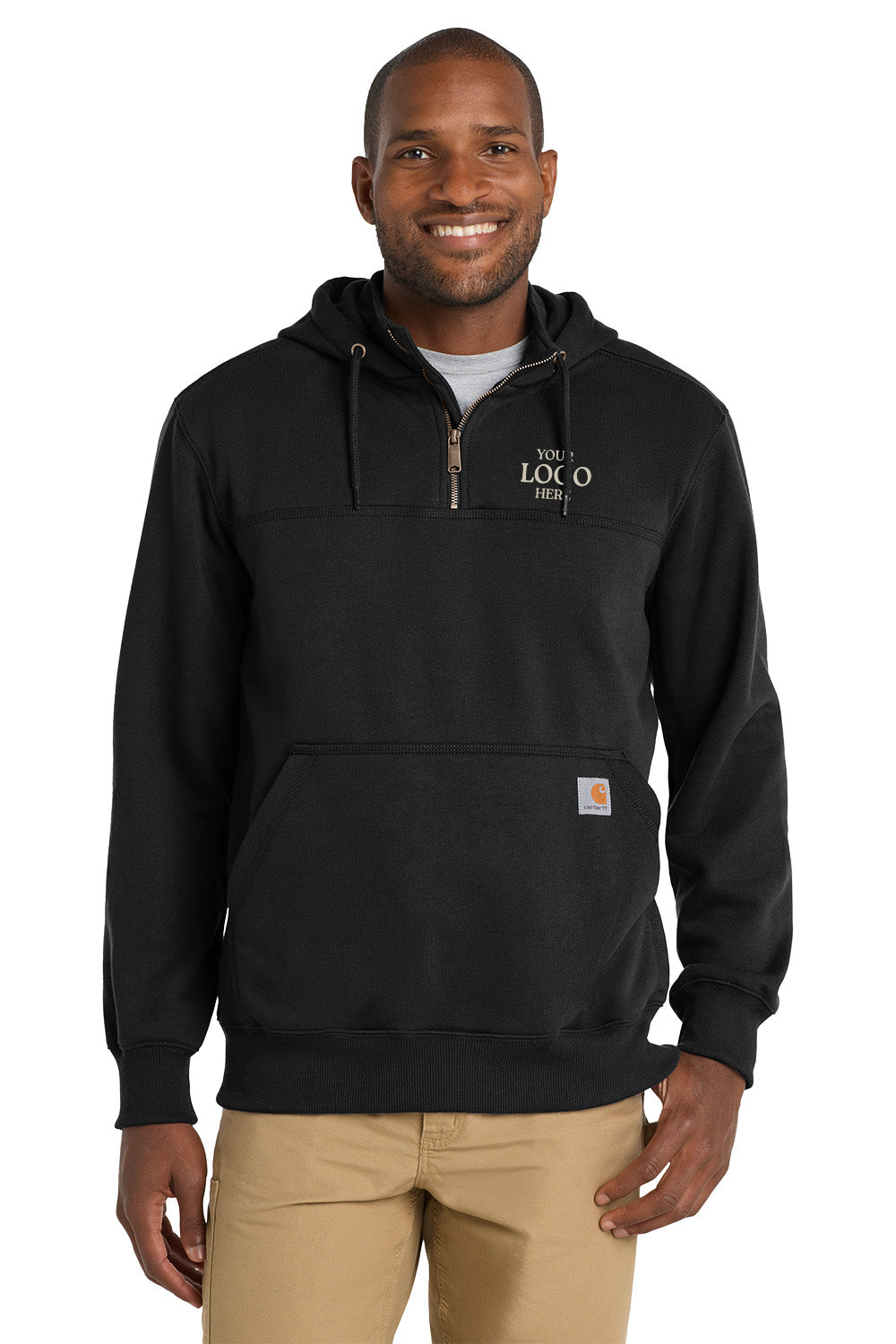 Man wearing a black hoodie with a visible brand logo on a white background, Embroidered Carhartt® Rain Defender® Paxton Heavyweight Hooded 1/4-Zip Mock Sweatshirt