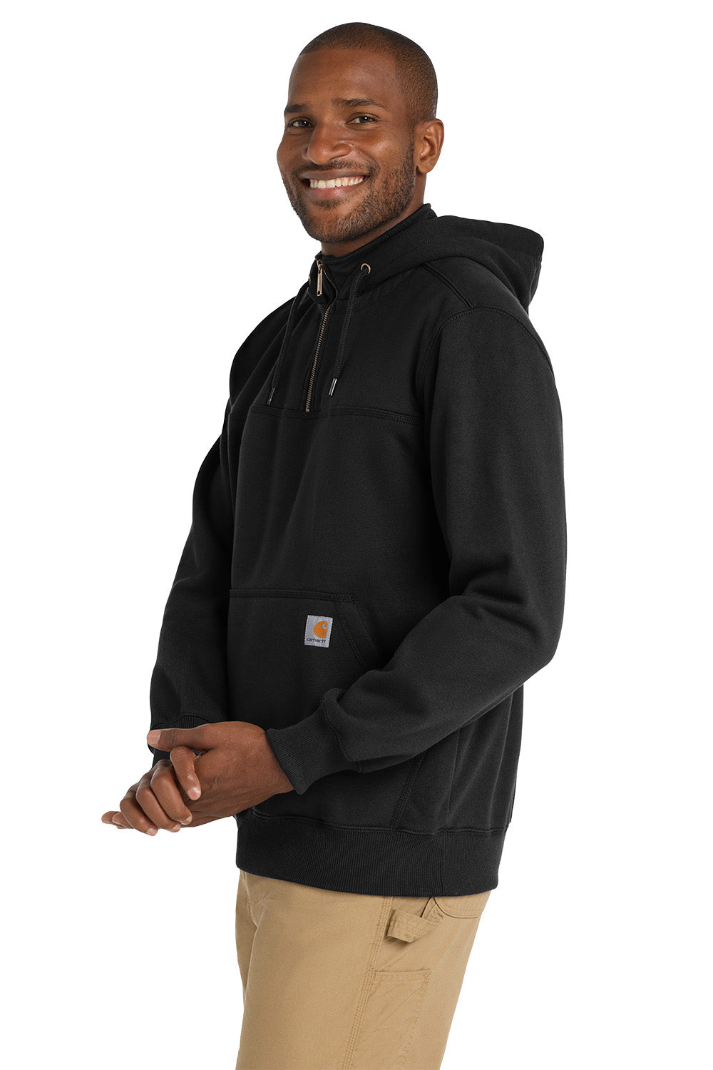 Man wearing a black hoodie on a white background, Embroidered Carhartt® Rain Defender® Paxton Heavyweight Hooded 1/4-Zip Mock Sweatshirt