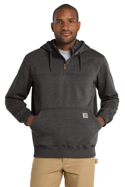 Man wearing a dark gray hoodie with a visible brand logo on a white background, Embroidered Carhartt® Rain Defender® Paxton Heavyweight Hooded 1/4-Zip Mock Sweatshirt