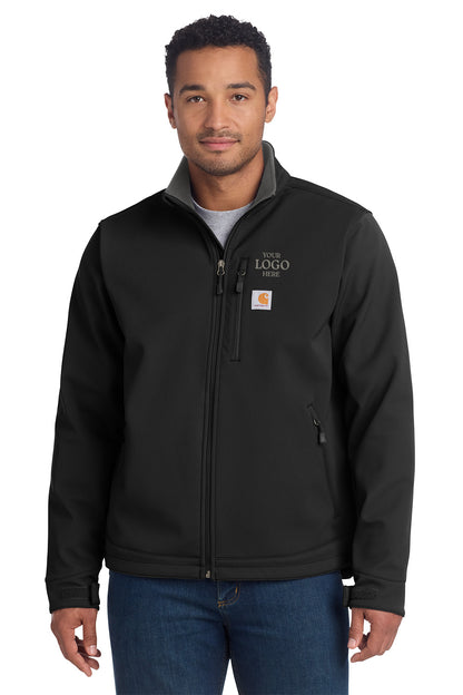 Man wearing a black jacket with a logo patch on a white background embroidered Carhartt® Crowley Soft Shell Jacket