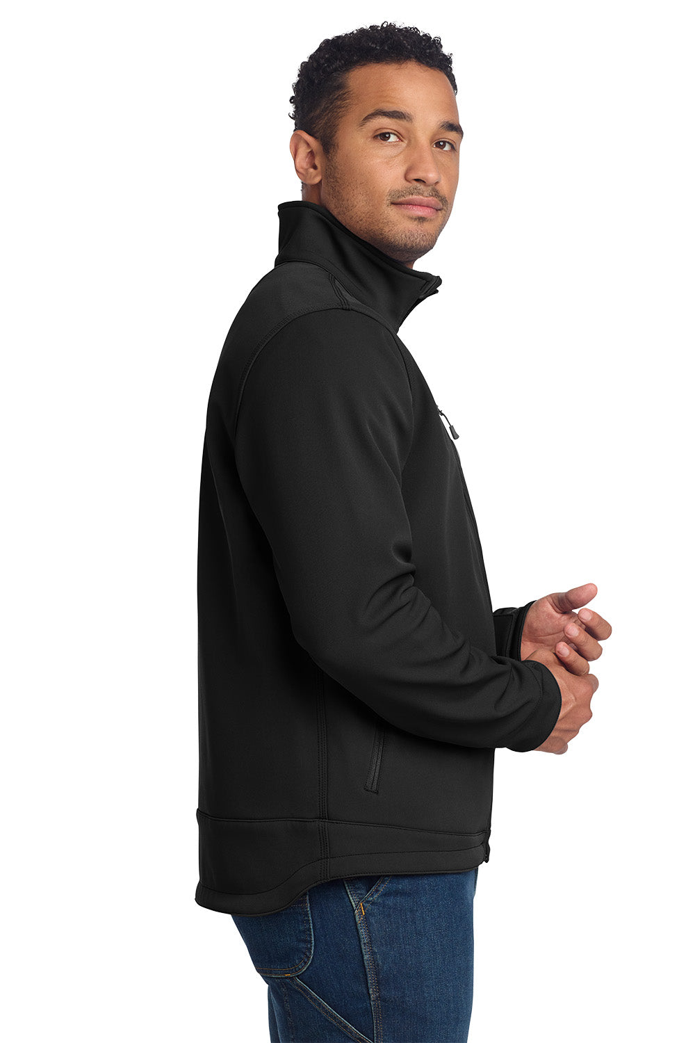 Man wearing a black fleece jacket on a white background embroidered Carhartt® Crowley Soft Shell Jacket