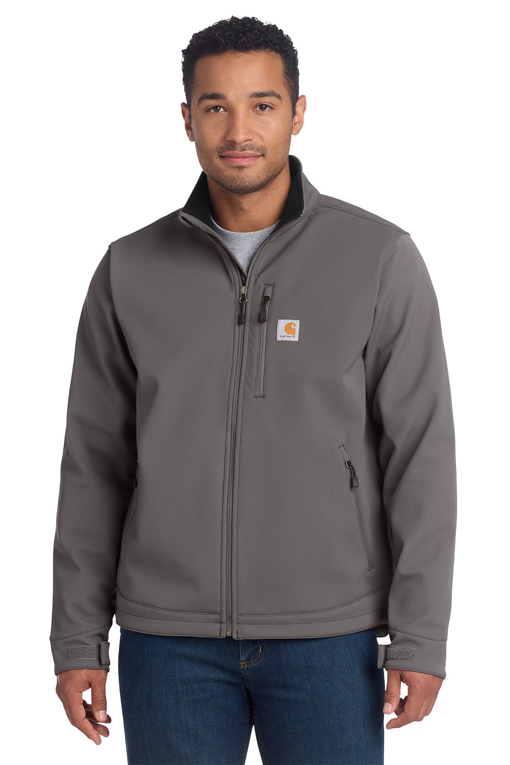 Man wearing a gray Carhartt jacket on a white background embroidered Carhartt® Crowley Soft Shell Jacket