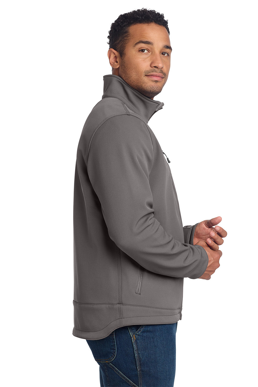 Man wearing a gray fleece jacket on a white background embroidered Carhartt® Crowley Soft Shell Jacket