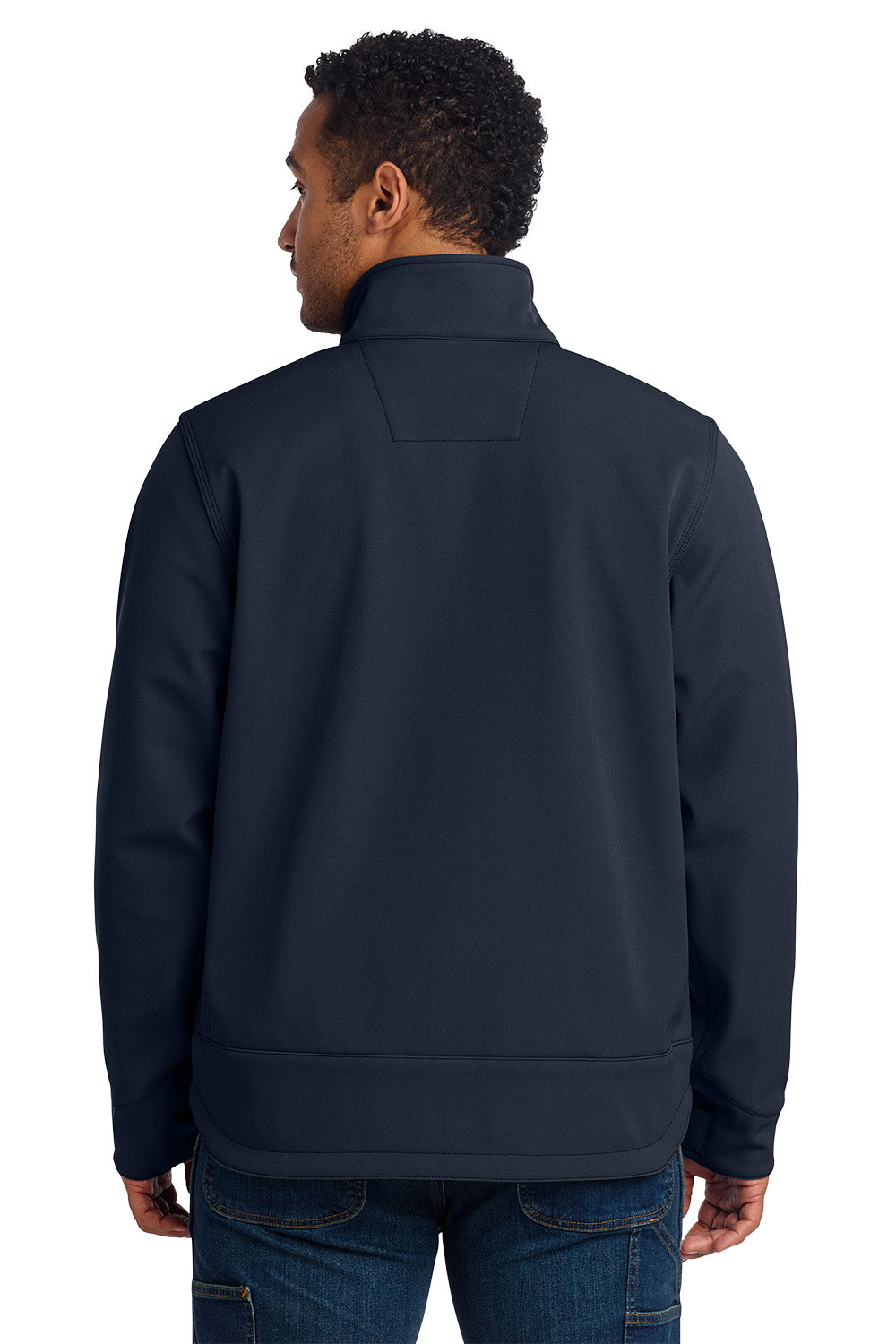 Person wearing a navy blue jacket on a white background embroidered Carhartt® Crowley Soft Shell Jacket